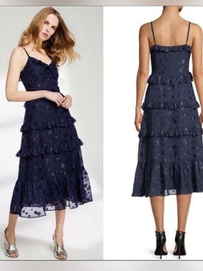Michael Michael Kors Dot True Navy Ruffle Sweetheart Neckline Midi Dress New XL